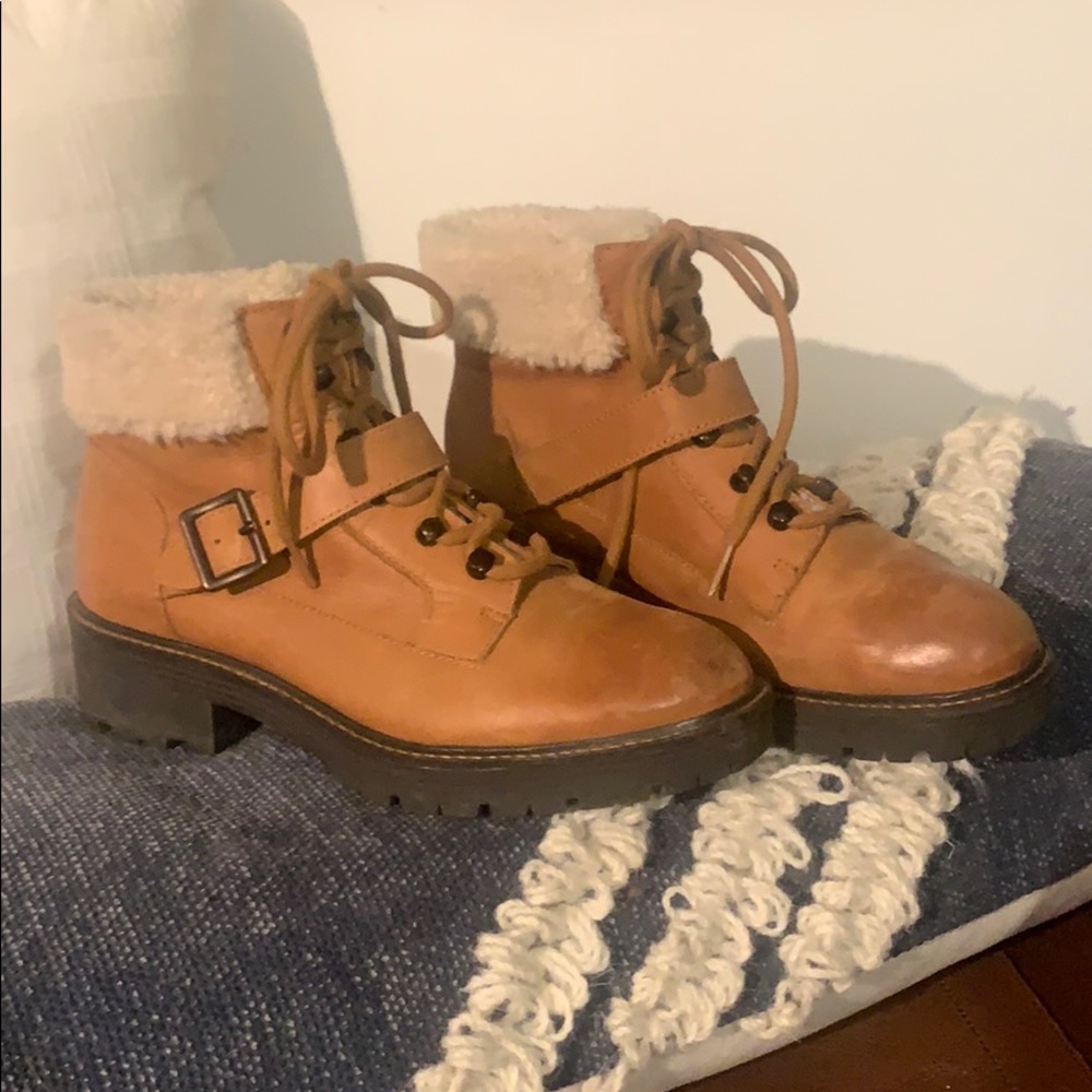 Genuine leather lace up booties hiking boots